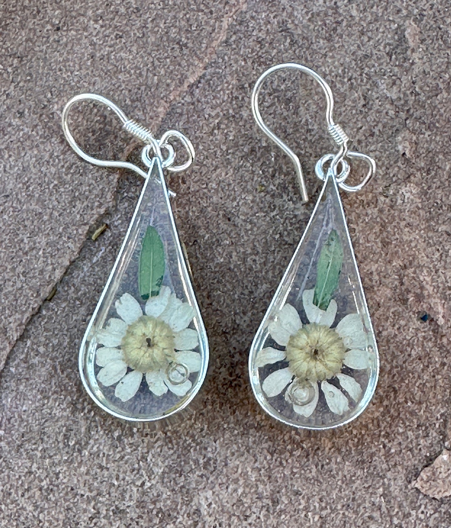 Primavera Teardrop Sterling Silver Daisy Earrings on Hook