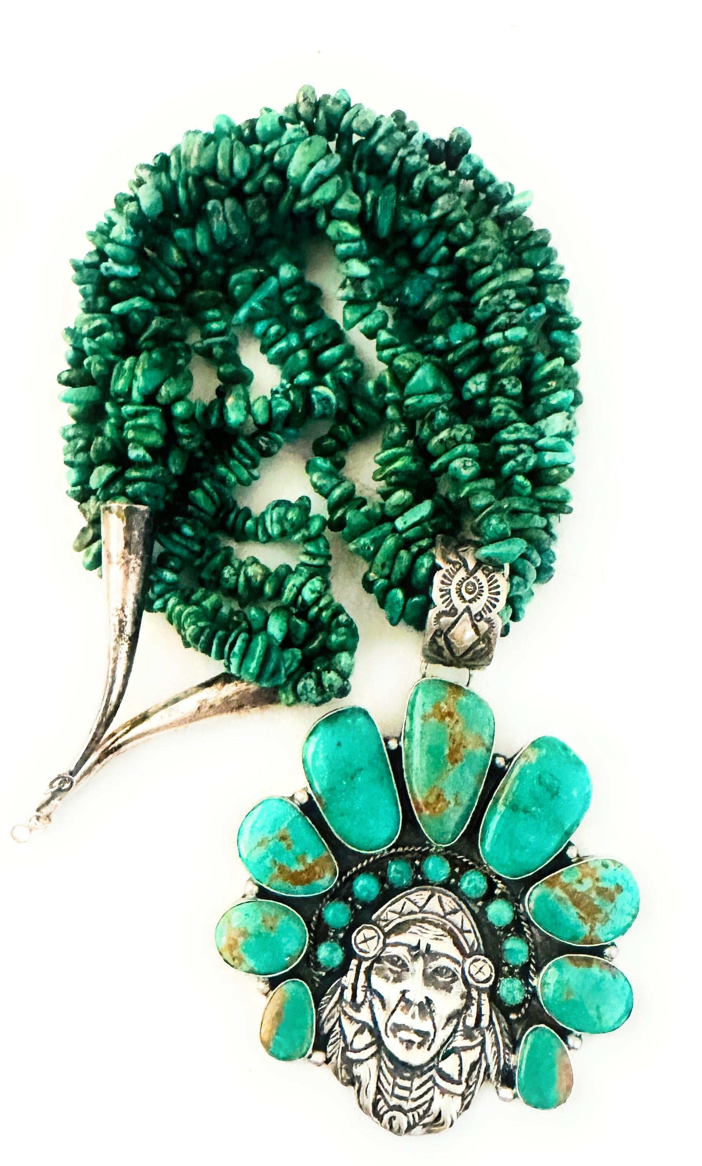 Stunning Handcrafted Sterling Silver & Turquoise Indian Chief Beaded Necklace