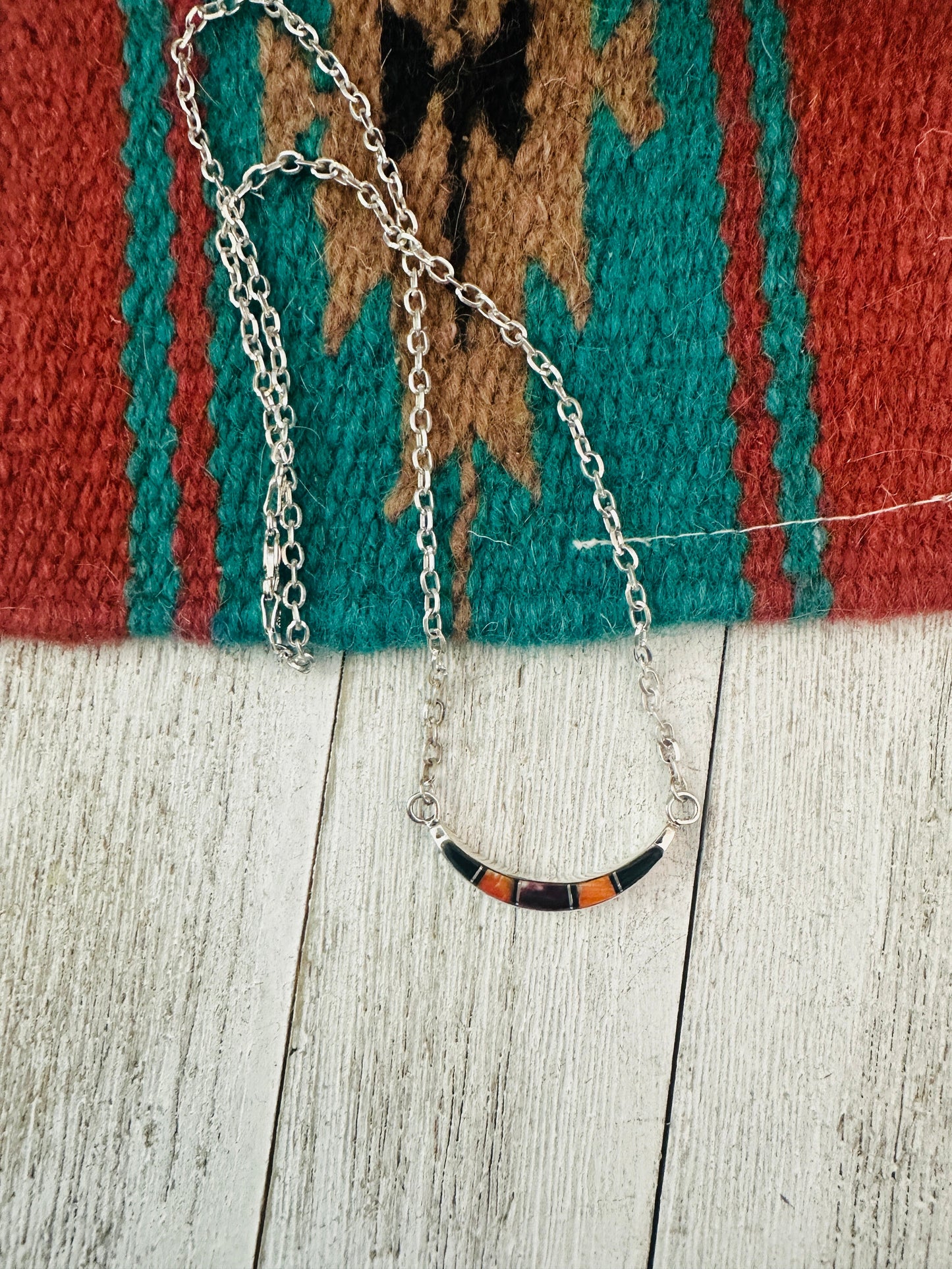 Handcrafted Sterling Silver, Onyx & Spiny Inlay Crescent Necklace