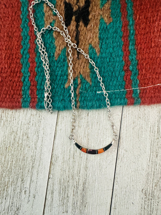 Handcrafted Sterling Silver, Onyx & Spiny Inlay Crescent Necklace