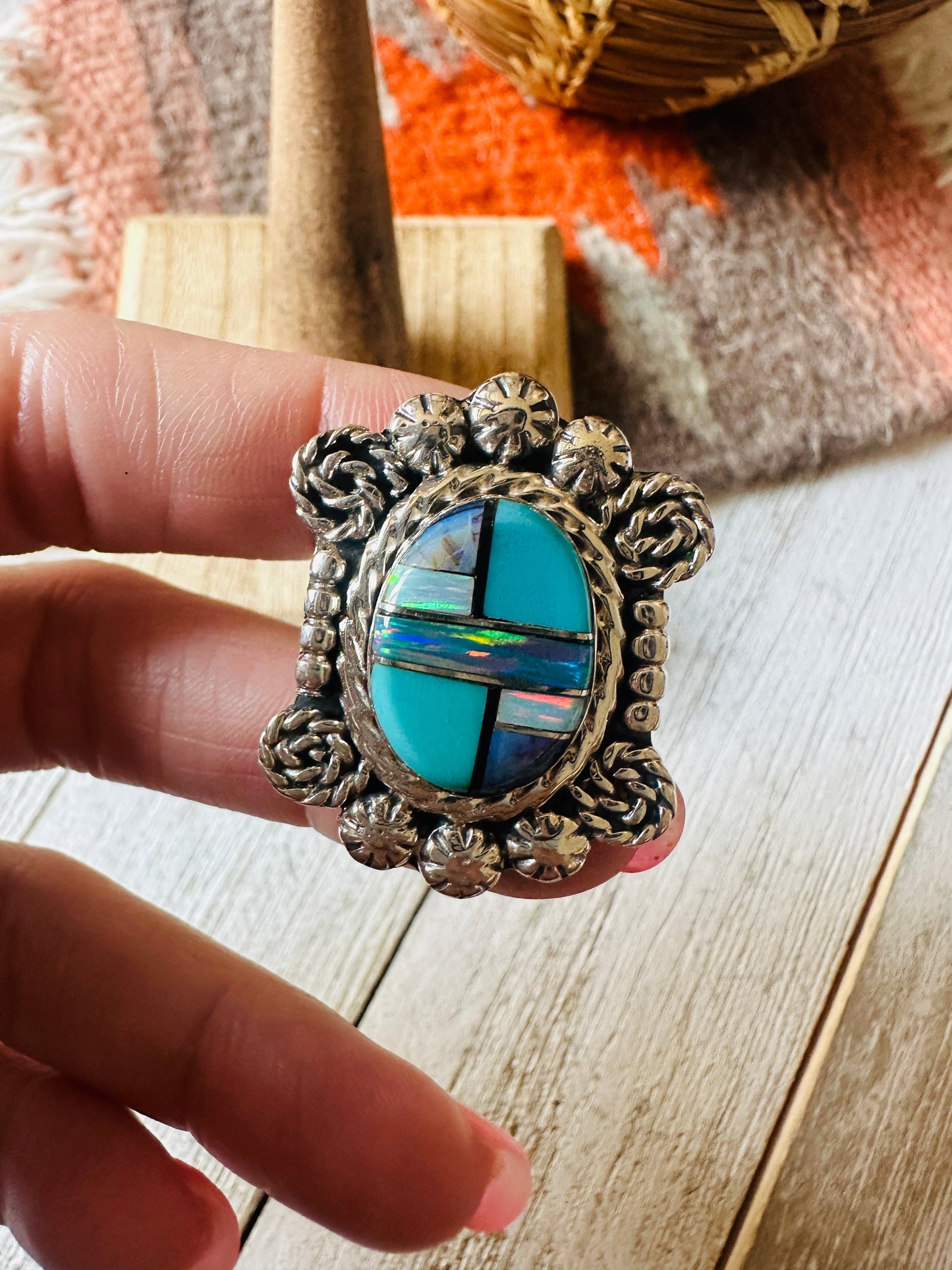 Handcrafted Sterling Silver & Multi Stone Inlay Ring Size 10