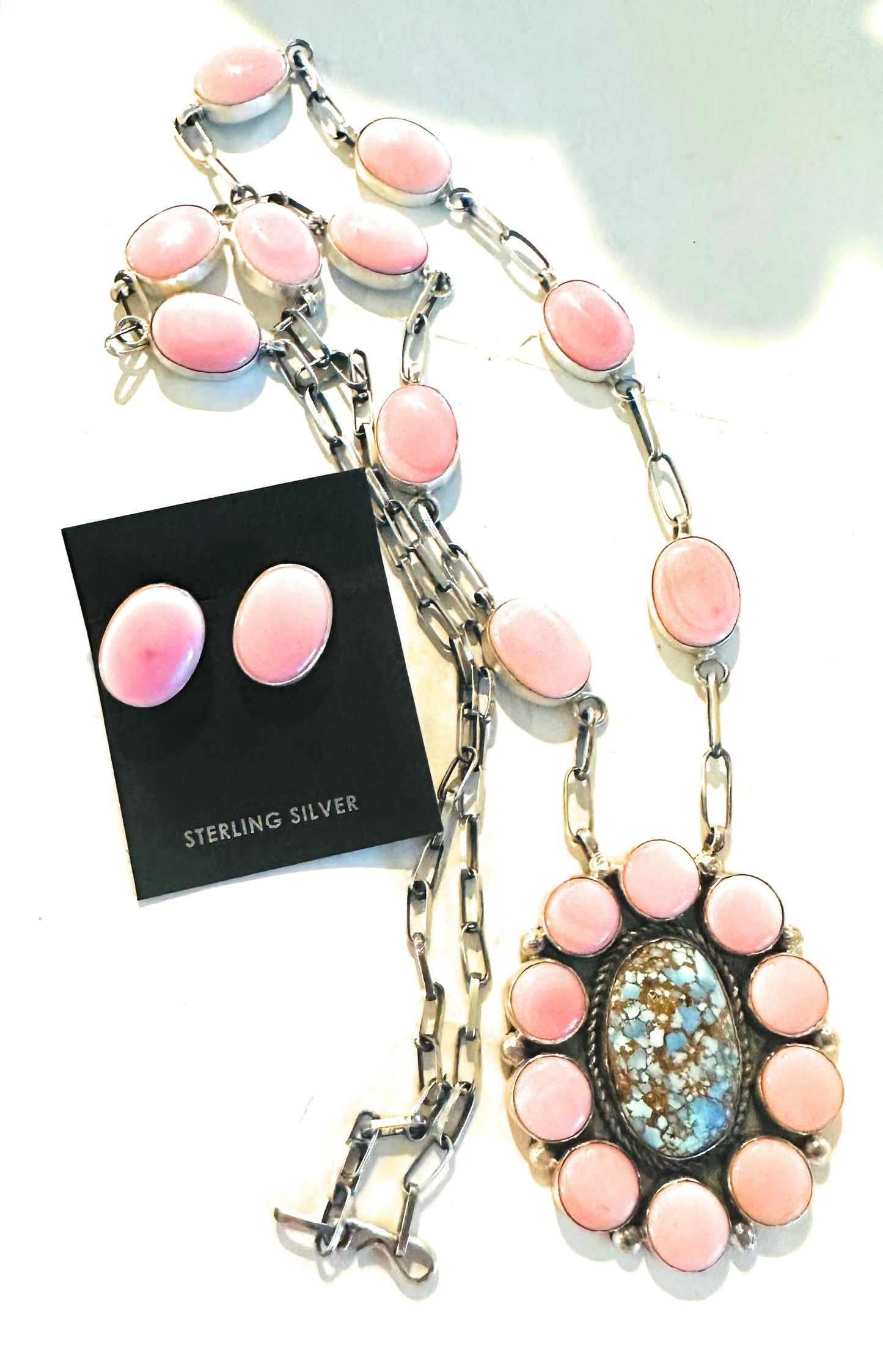 Handcrafted Turquoise, Queen Pink Conch & Sterling Silver Necklace Earrings Set
