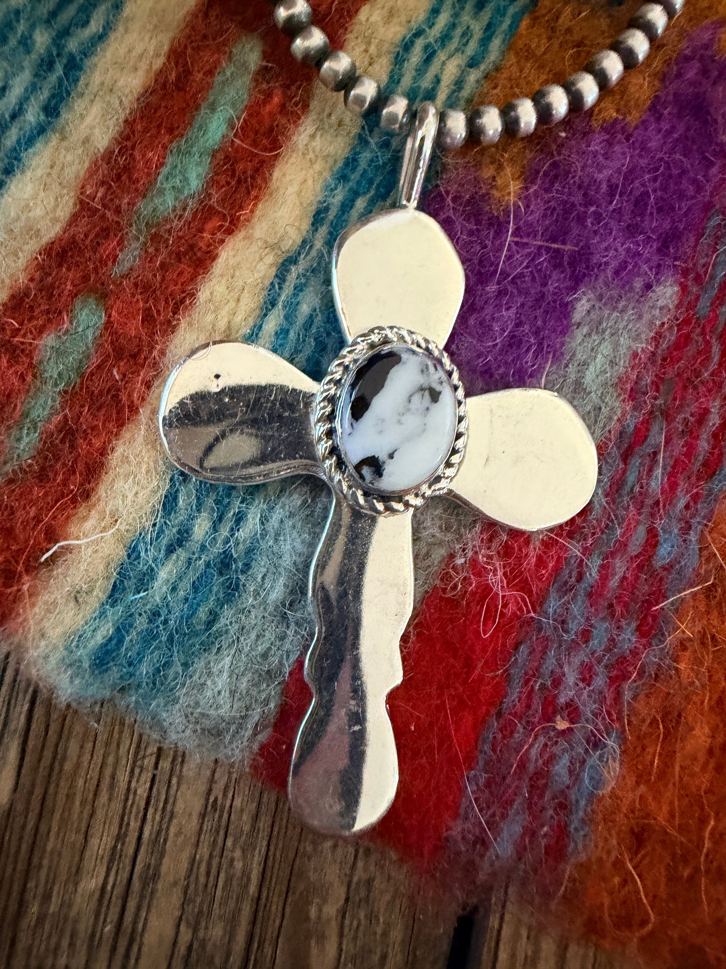 Handcrafted Sterling Silver & White Buffalo Cross Pendant by Joseph Martinez