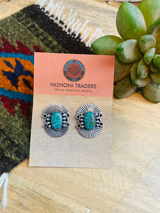 Handcrafted Sterling Silver & Royston Turquoise Post Earrings Signed