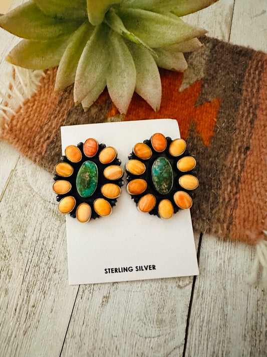 Handcrafted Sterling Silver, Orange Spiny & Turquoise Cluster Earrings