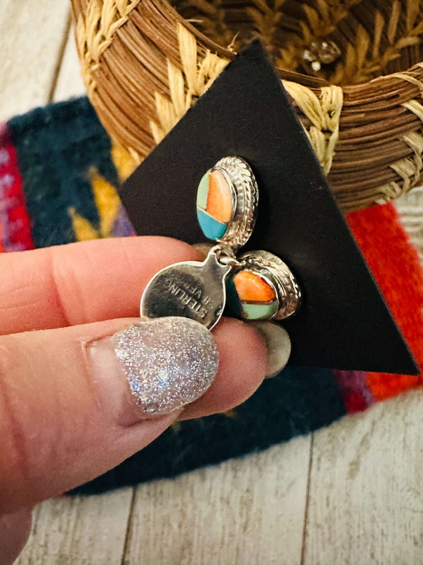 Handcrafted Sterling Silver & Multi Stone Inlay Dangle Earrings