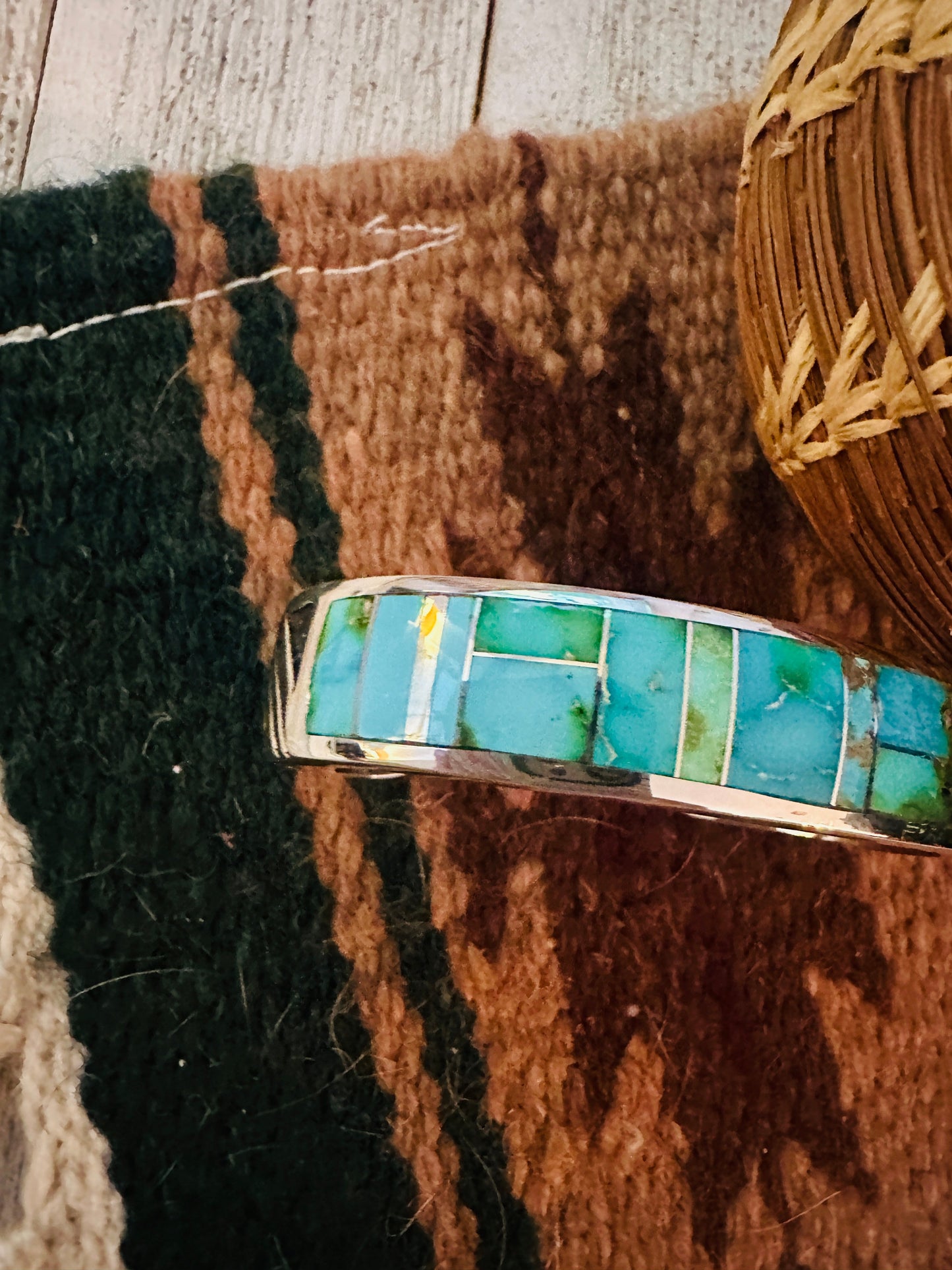 Navajo Sonoran Mountain Turquoise & Sterling Silver Inlay Cuff Bracelet