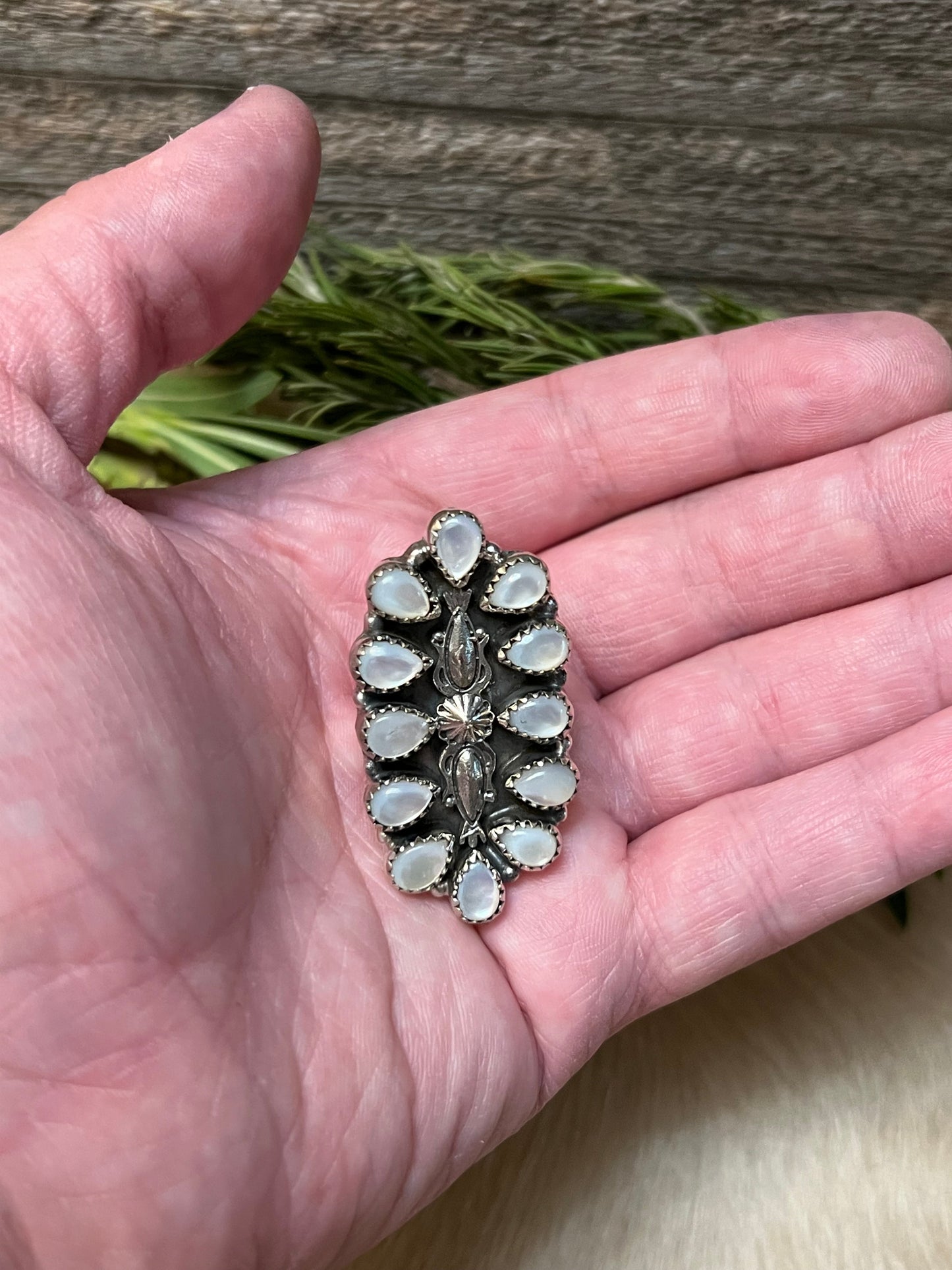 Handmade Mother Of Pearl Sterling Silver Concho Adjustable Statement Ring