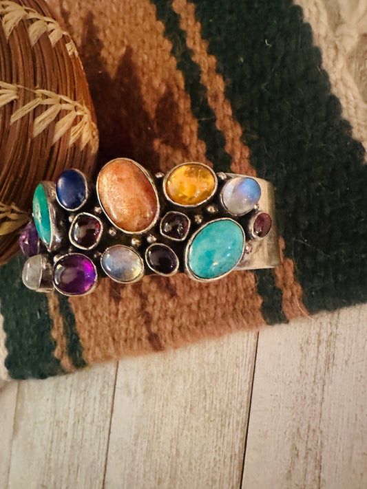 Handcrafted Old Pawn Vintage Multi Stone & Sterling Silver Cuff Bracelet
