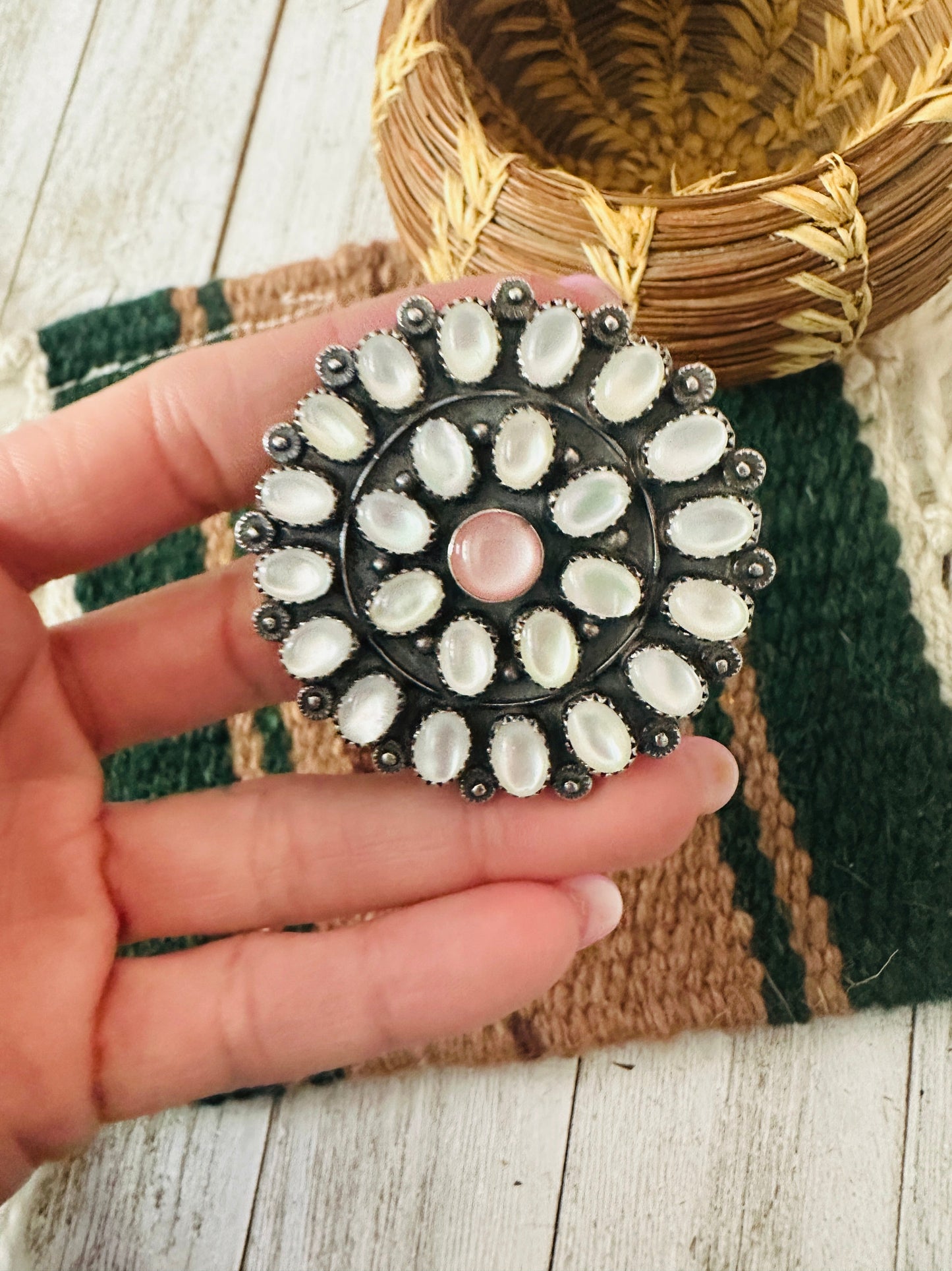 Navajo Mother of Pearl & Sterling Silver Cluster Brooch by Jacqueline Silver