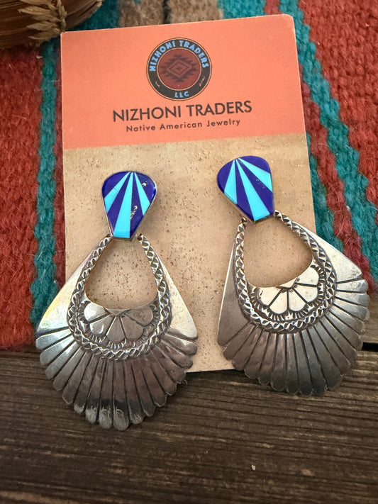 Handcrafted Old Pawn Turquoise, Lapis & Sterling Silver Inlay Concho Dangle Earrings