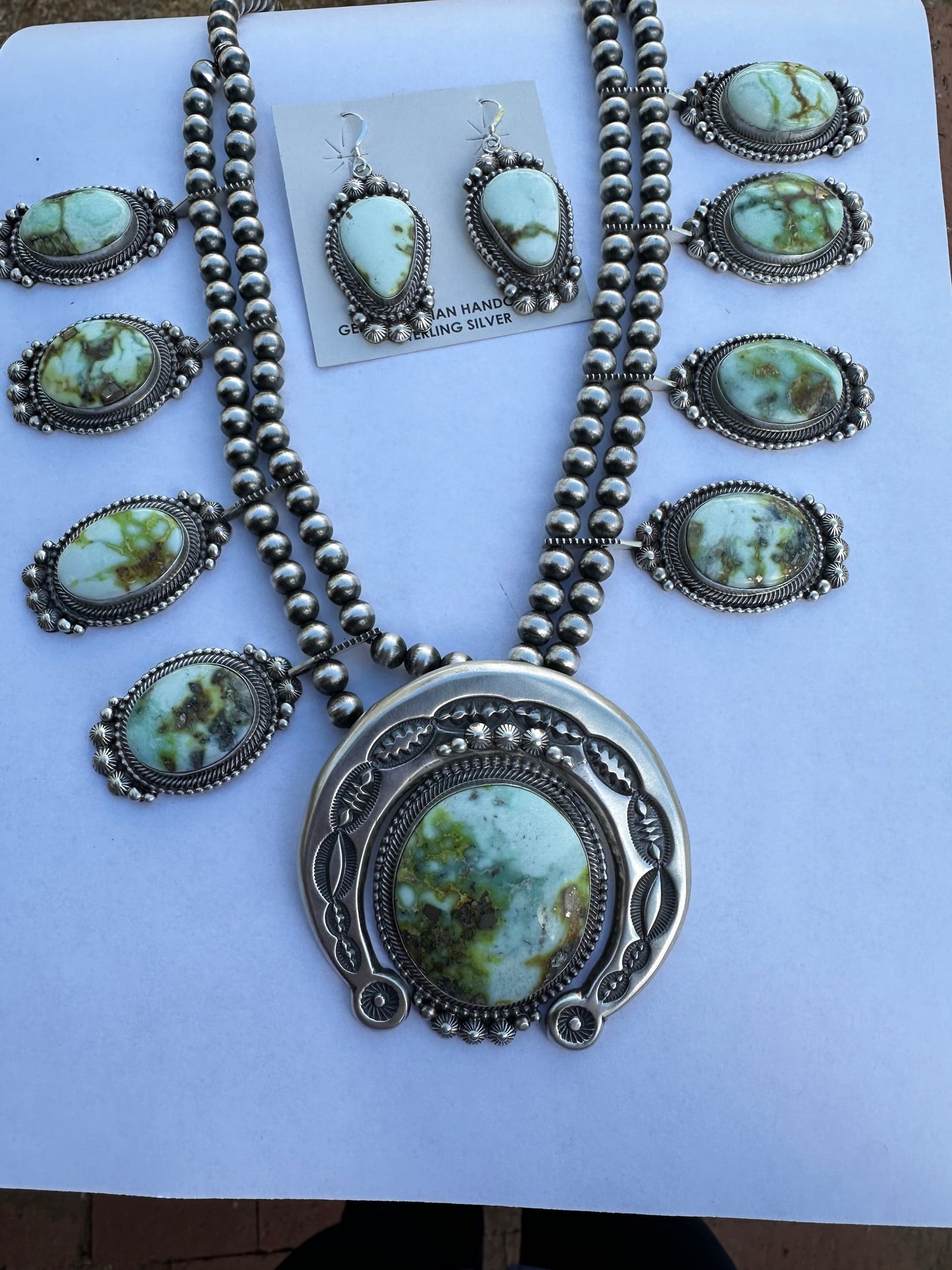 Handcrafted Sterling Silver & Palomino Turquoise Squash Blossom Necklace and Earring Set