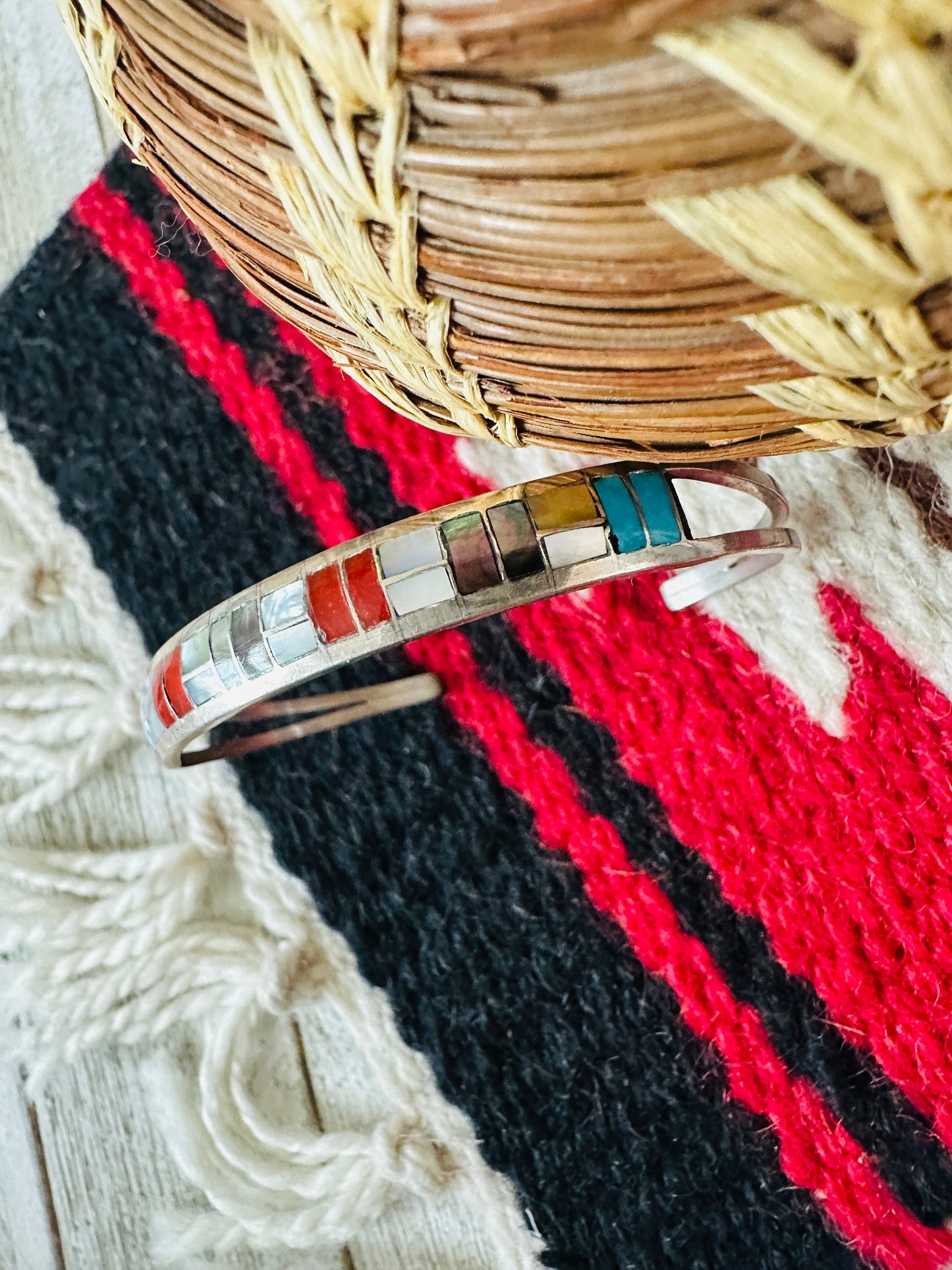Handcrafted Multi Stone & Sterling Silver Inlay Cuff Bracelet