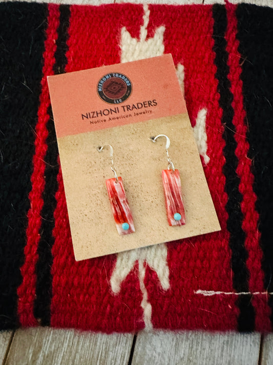 Orange Spiny & Turquoise Slab Dangle Earrings