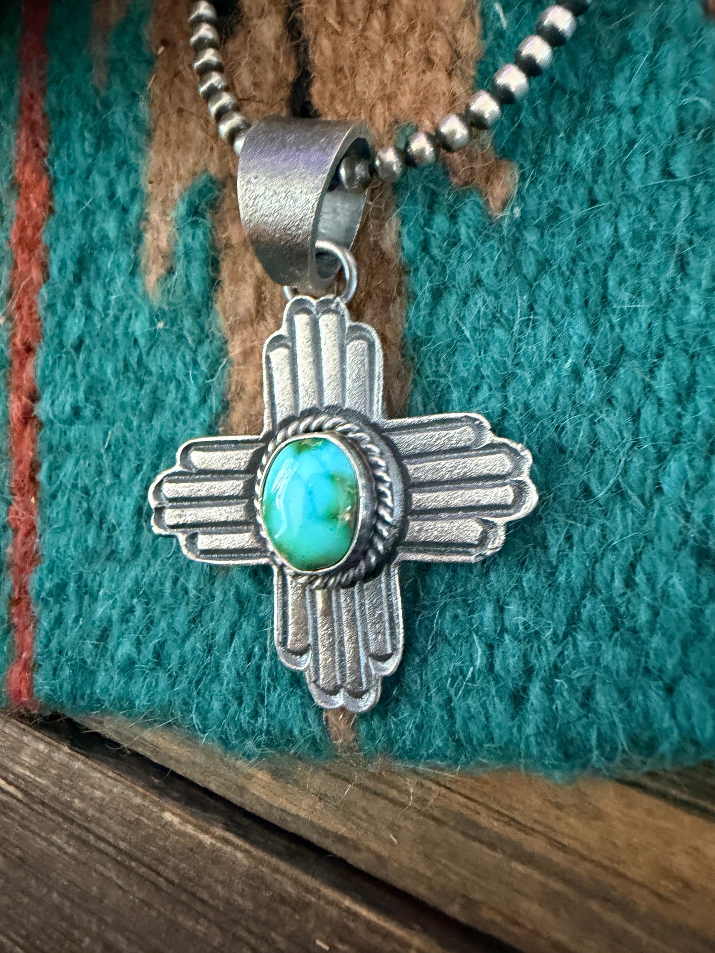 Handcrafted Sterling Silver & Sonoran Mountain Turquoise Zia Cross Pendant by Kevin Billah