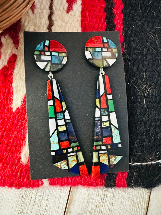 Handcrafted Multi Stone Inlay Dangle Earrings