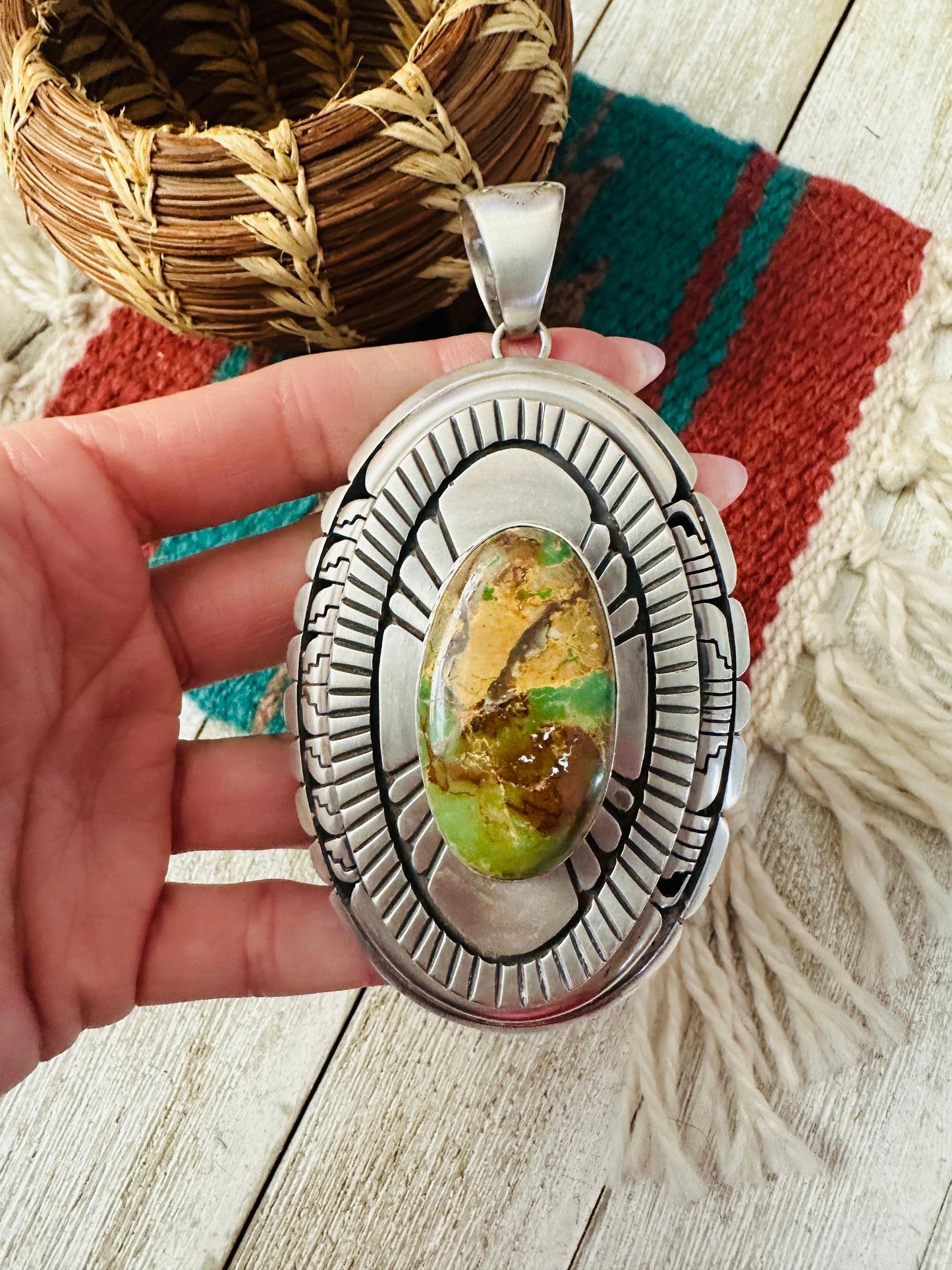 Handcrafted Ribbon Turquoise &  Sterling Silver Pendant, Signed LK