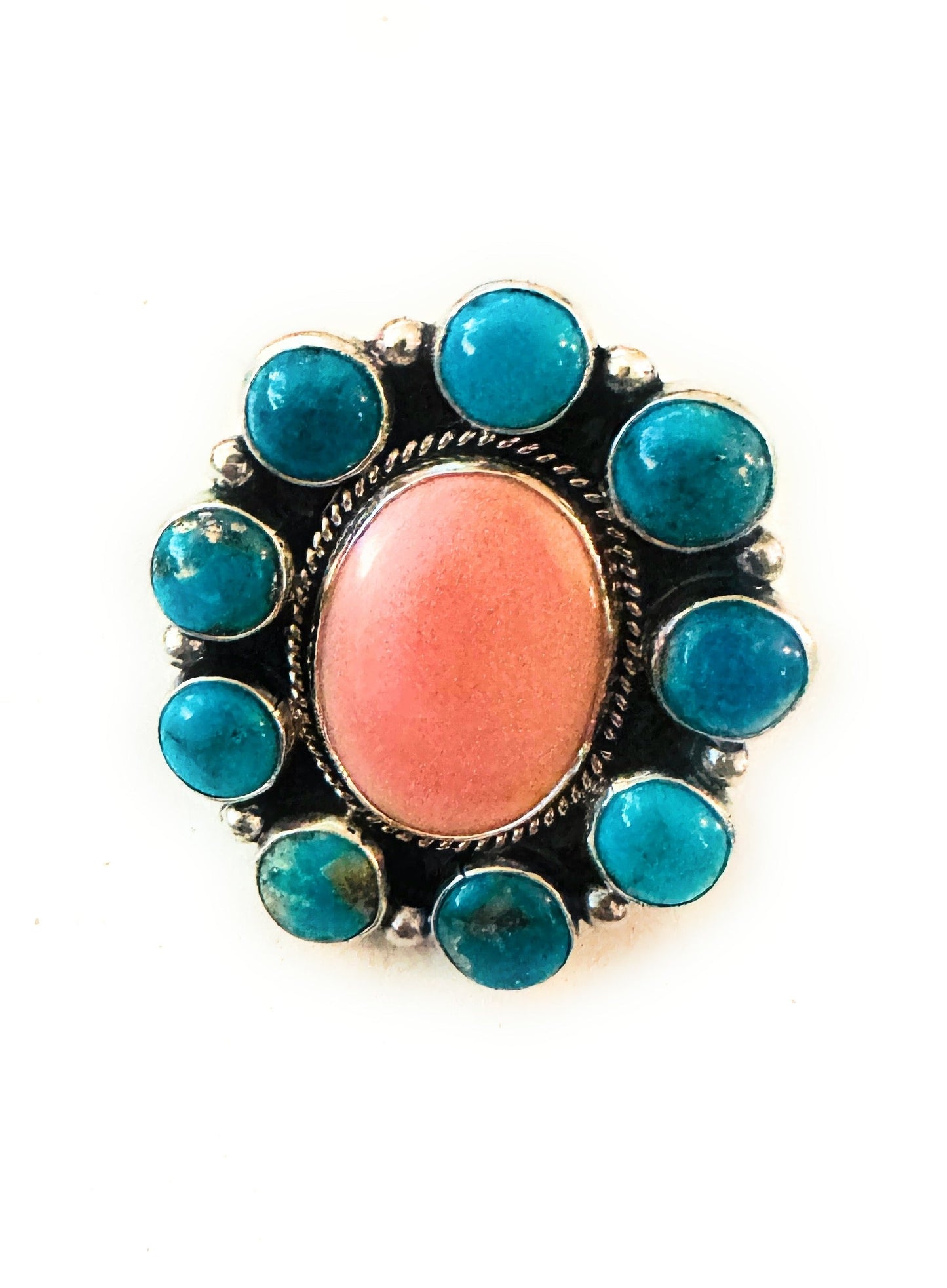 Handcrafted Sterling Silver, Queen Pink Conch & Turquoise Cluster Adjustable Ring