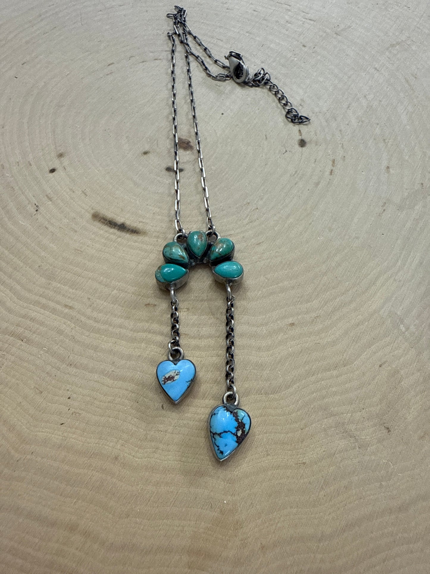Beautiful Handmade Sterling Silver Kingman Turquoise & Golden Hills Turquoise Naja Heart Necklace