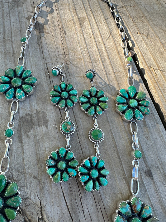 Handmade Sterling Silver Emerald Valley Turquoise Lariat Necklace Earring SET