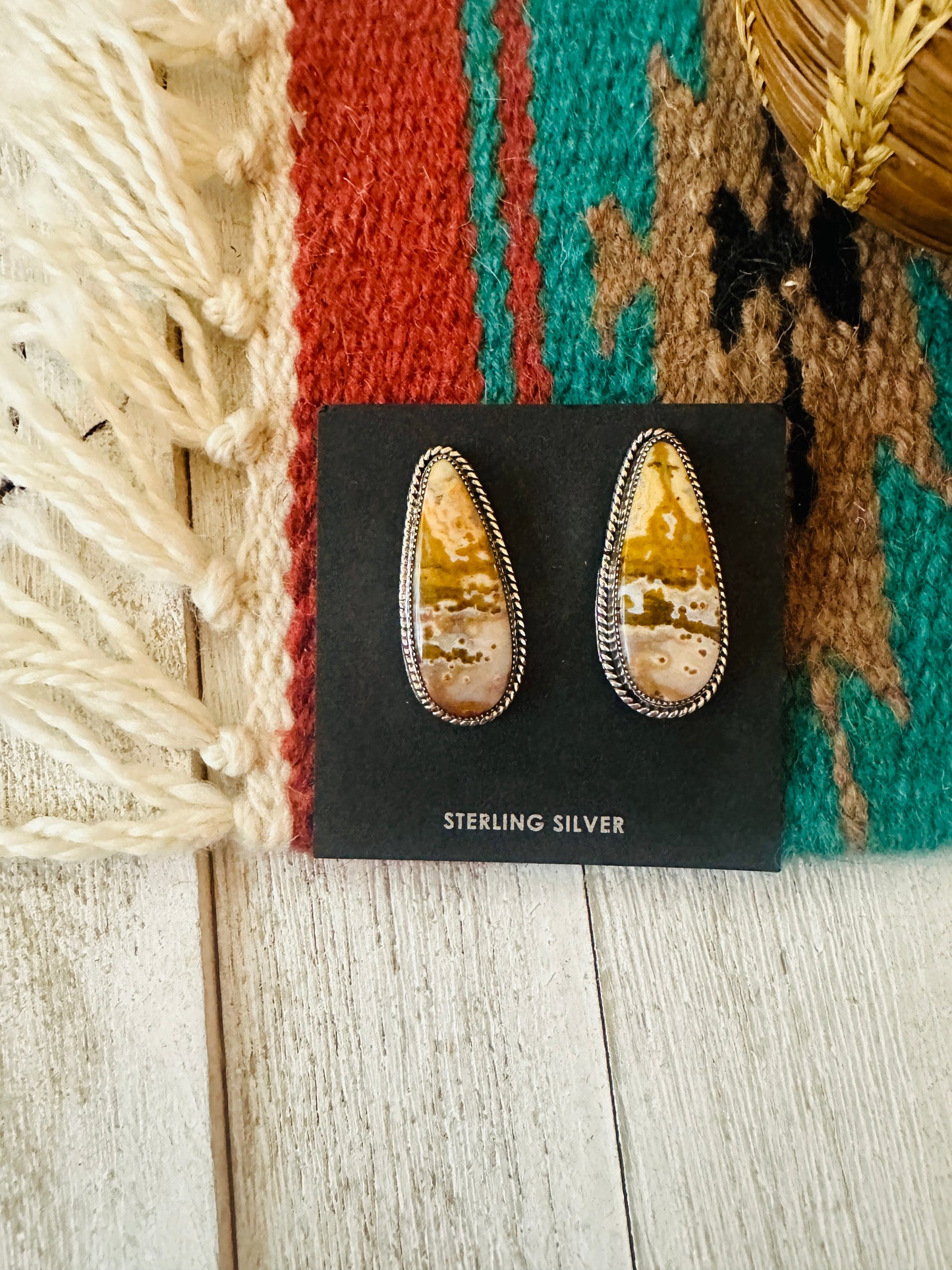 Handcrafted Jasper Sterling Silver Post Earrings Signed
