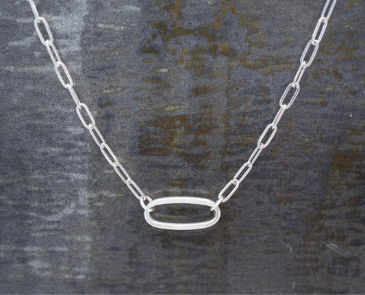 Paperclip Chain W/ Oval Center Link Sterling Silver Necklace