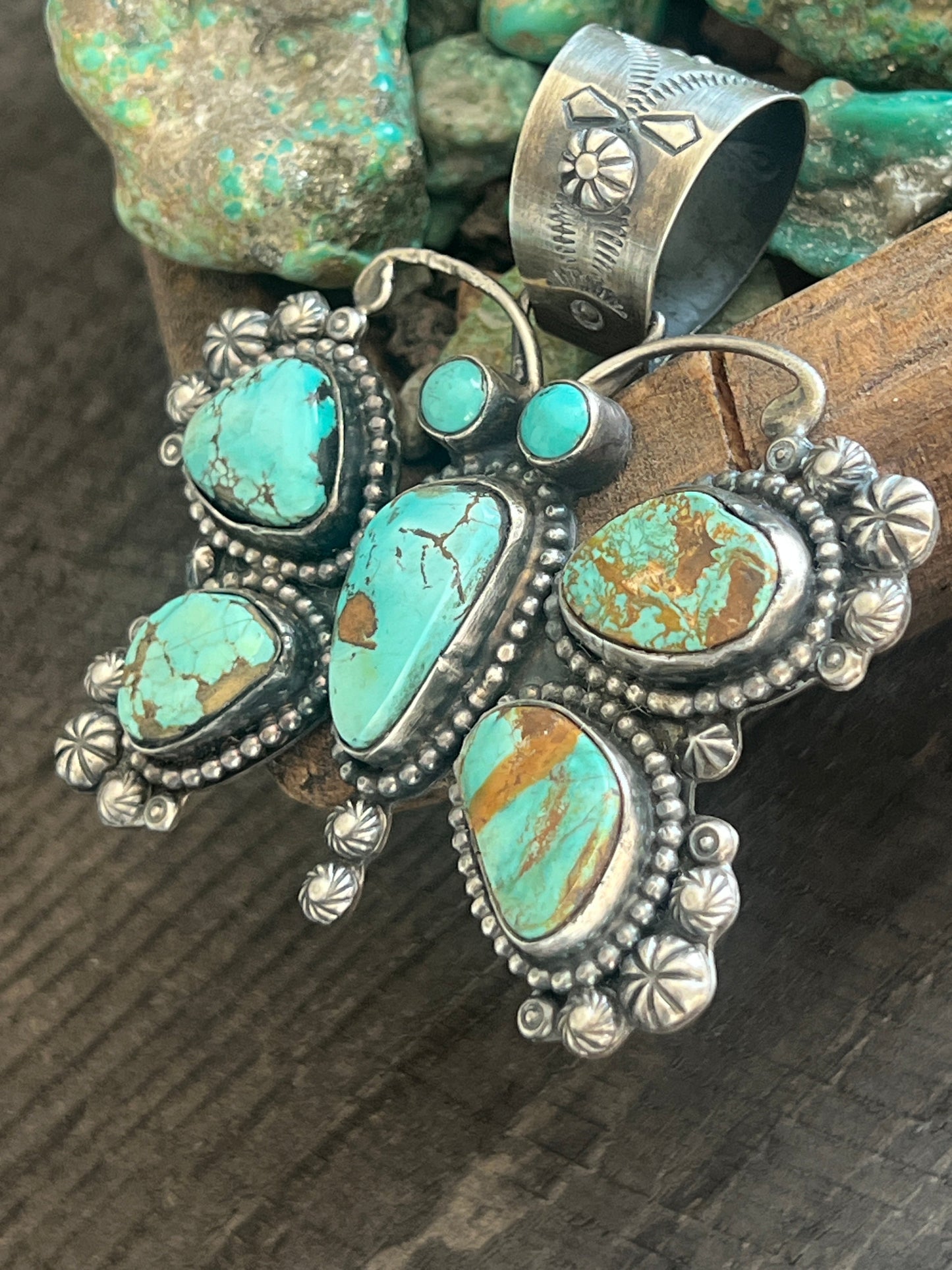 Apache Made Sterling Silver & Pilot Mountain Turquoise Butterfly Pendant by Rosella Paxson
