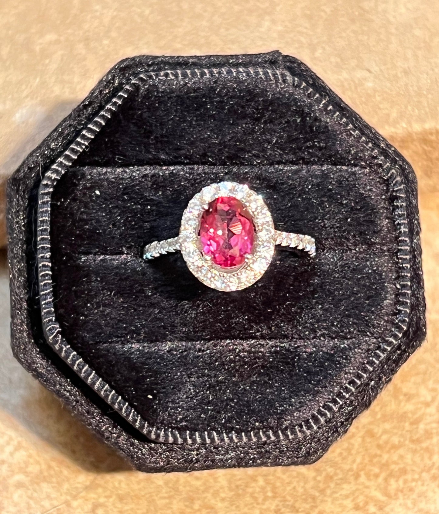 Pink Topaz & CZ Oval Shape Sterling Silver Ring Size 6
