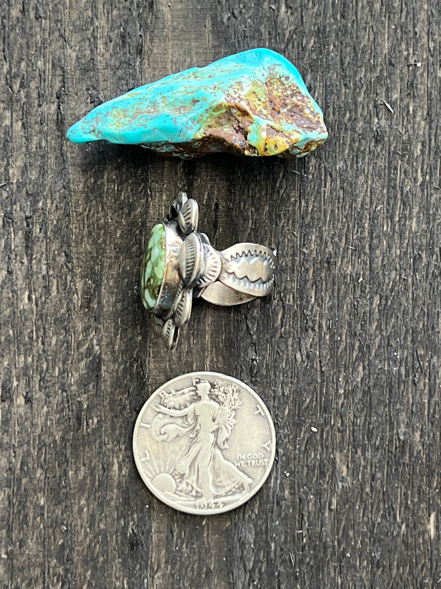 Handcrafted Sterling Silver and Natural Pilot Mountain Turquoise Single Stone Ring by Gilbert Tom, Size 8