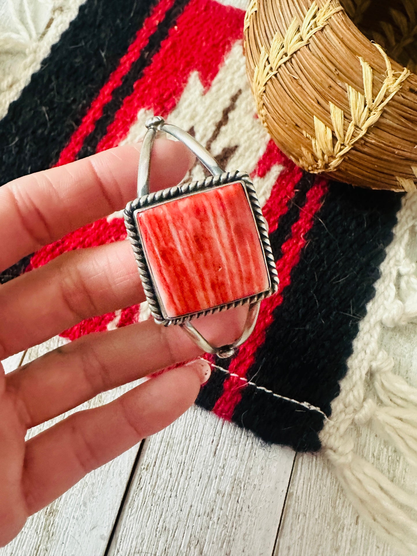 Handcrafted Orange Spiny & Sterling Silver Square Cuff Bracelet