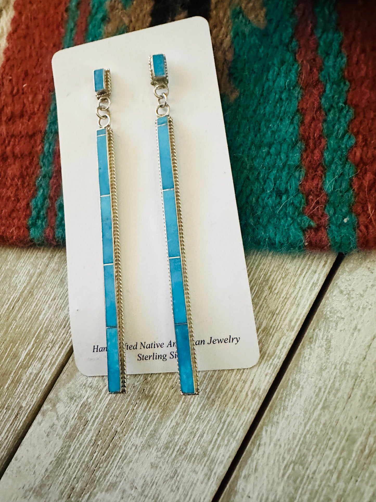 Handcrafted Sterling Silver & Kingman Turquoise Inlay Dangle Earrings by Ricky Booqua