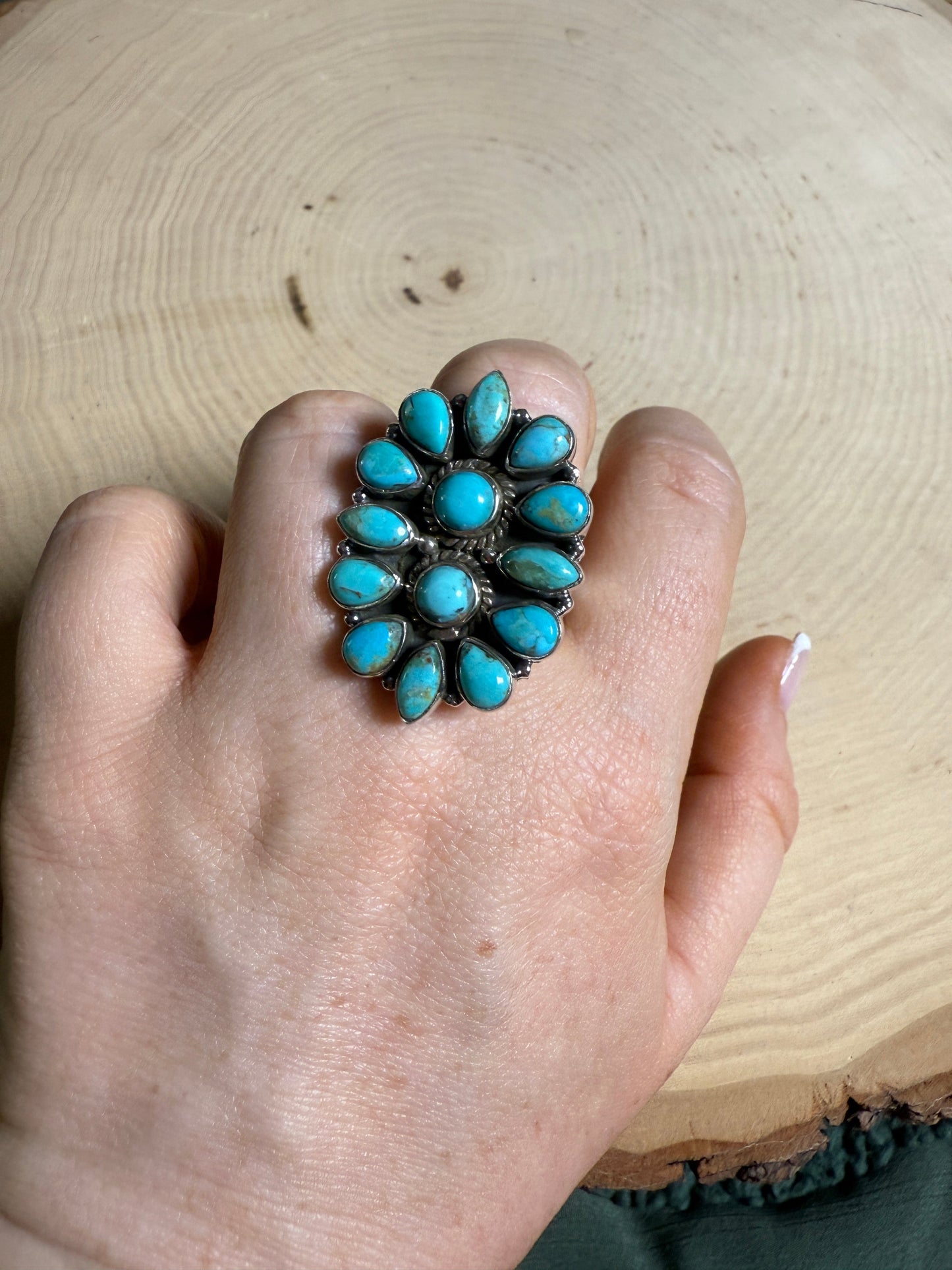 Handmade Kingman Turquoise & Sterling Adjustable Cluster Ring