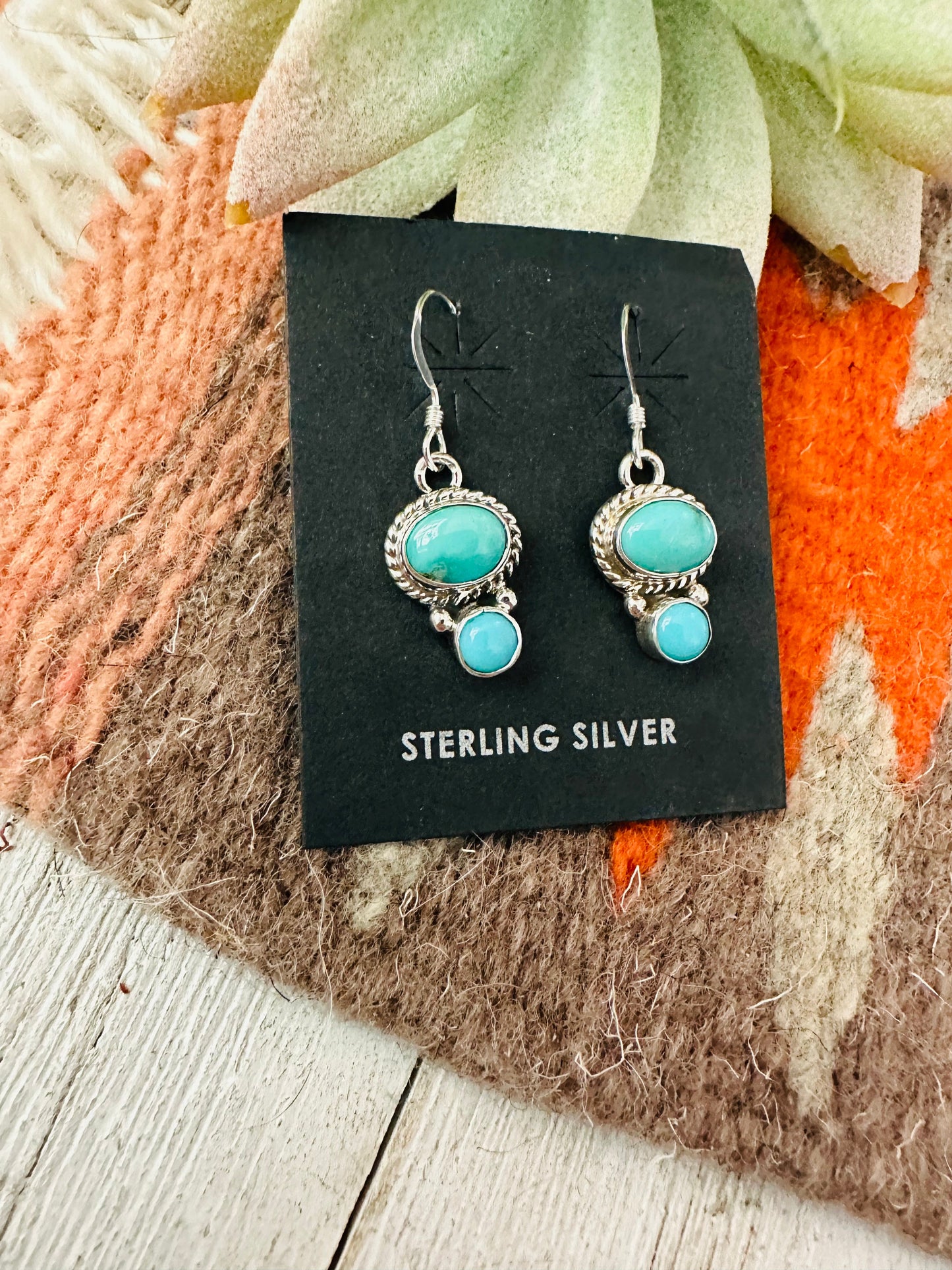 Navajo Turquoise and Sterling Silver Two Stone  Dangle Earrings