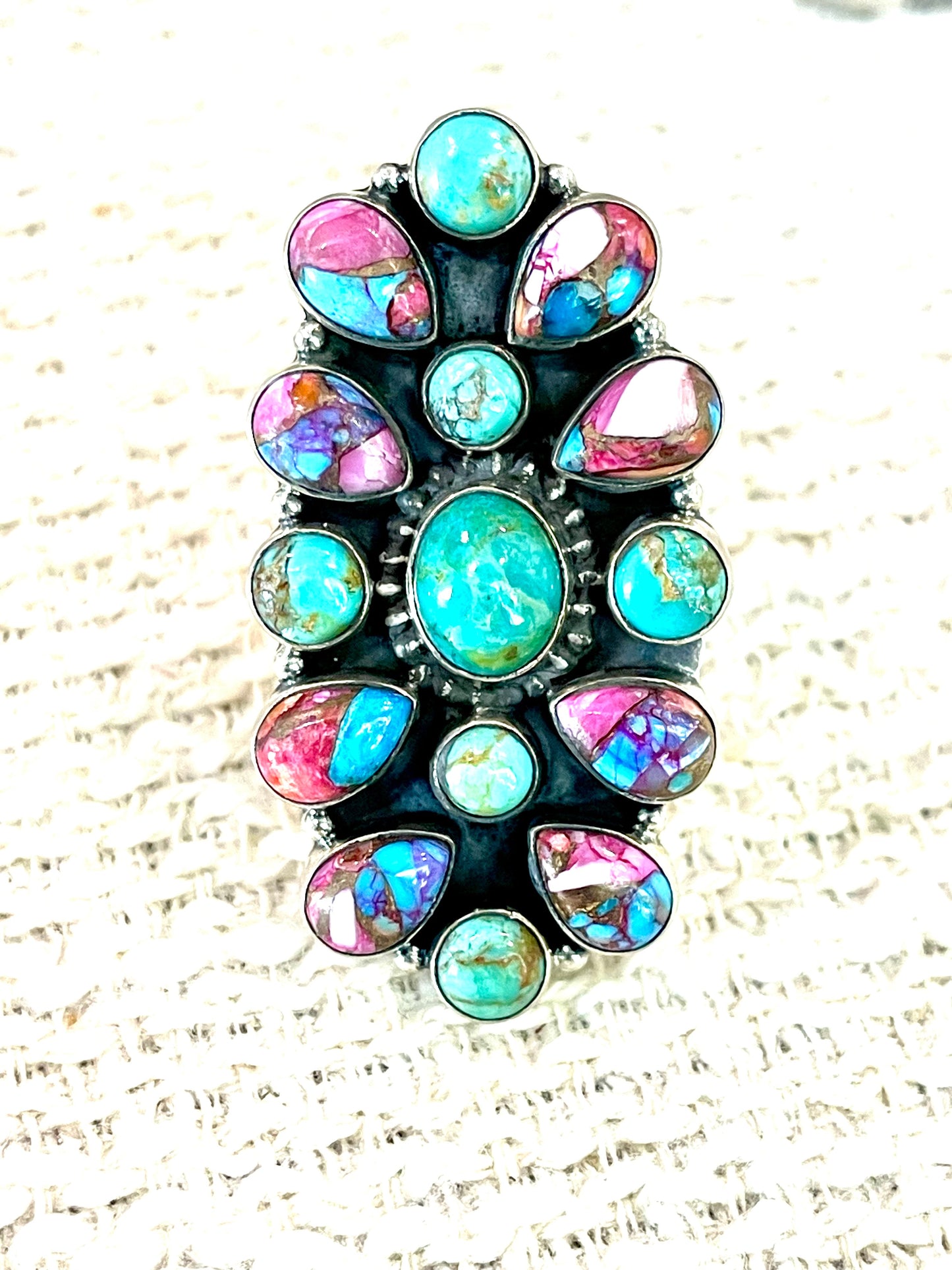 Handcrafted Sterling Silver & Multi Stone Adjustable Cluster Ring