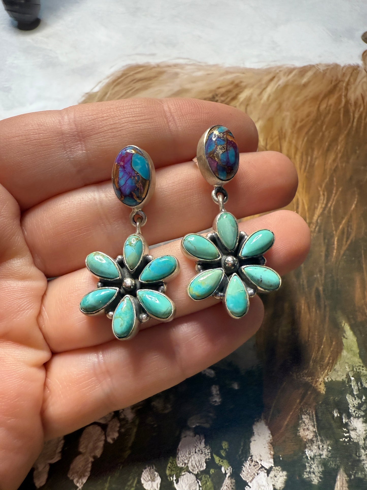 Handmade Sterling Silver, Turquoise ,Purple Dream Mojave Dangle Earrings