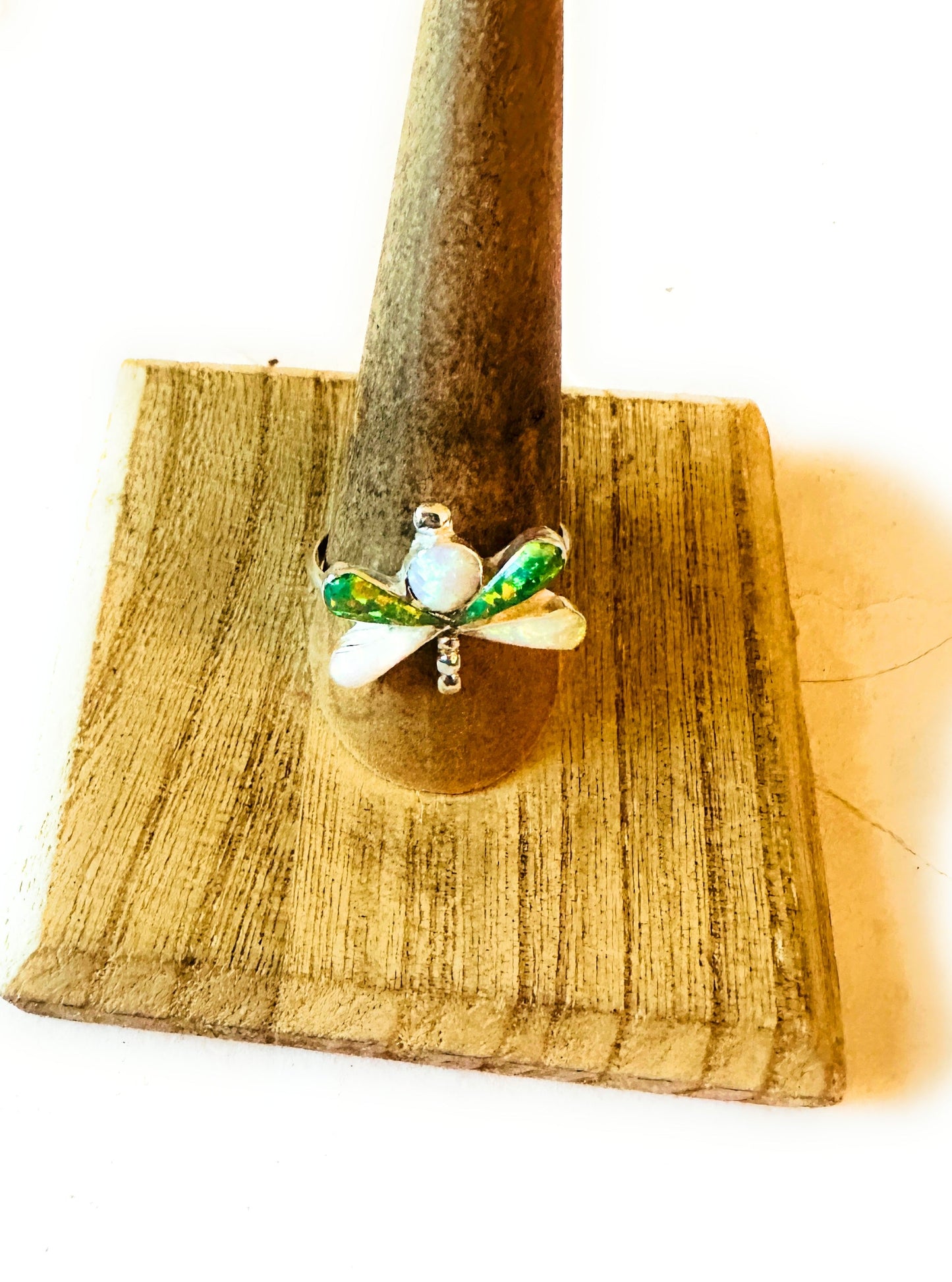 Handcrafted Sterling Silver, Green & White Opal Dragonfly Ring