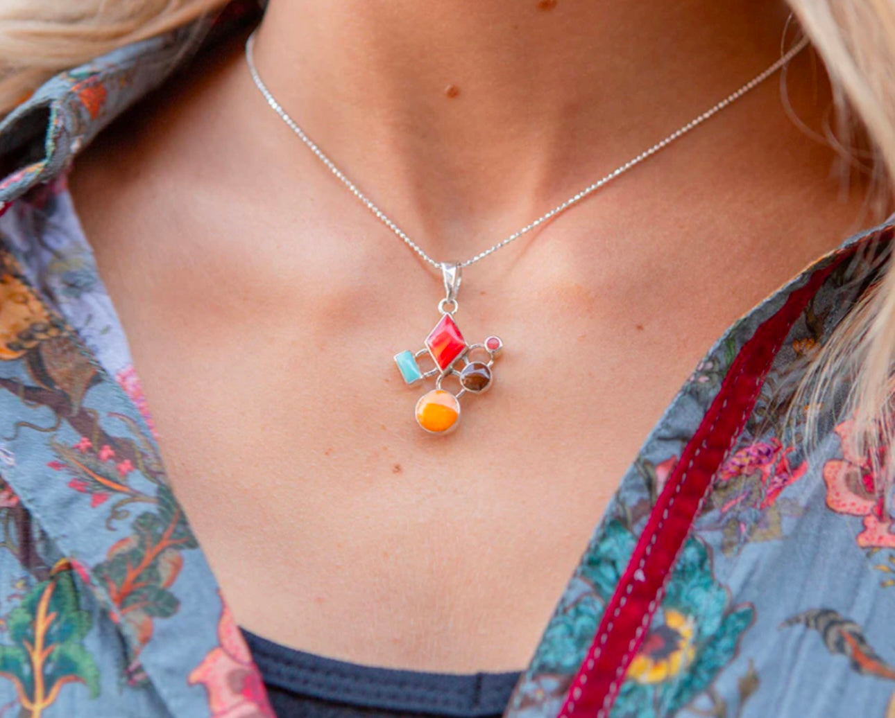 Multistone Mosaic Sterling Silver Pendant Necklace