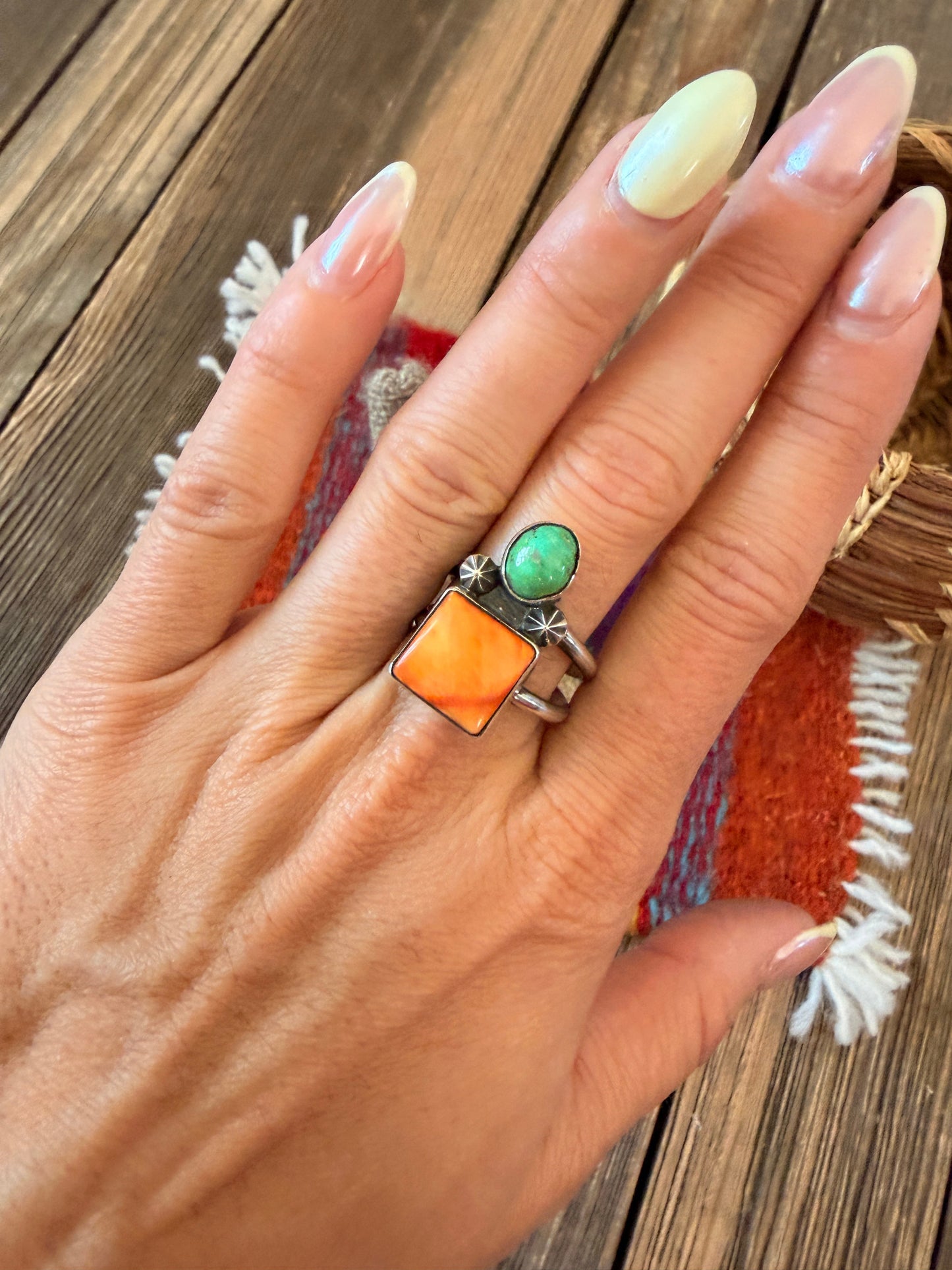 Handcrafted Spiny, Turquoise & Sterling Silver Ring Size 9