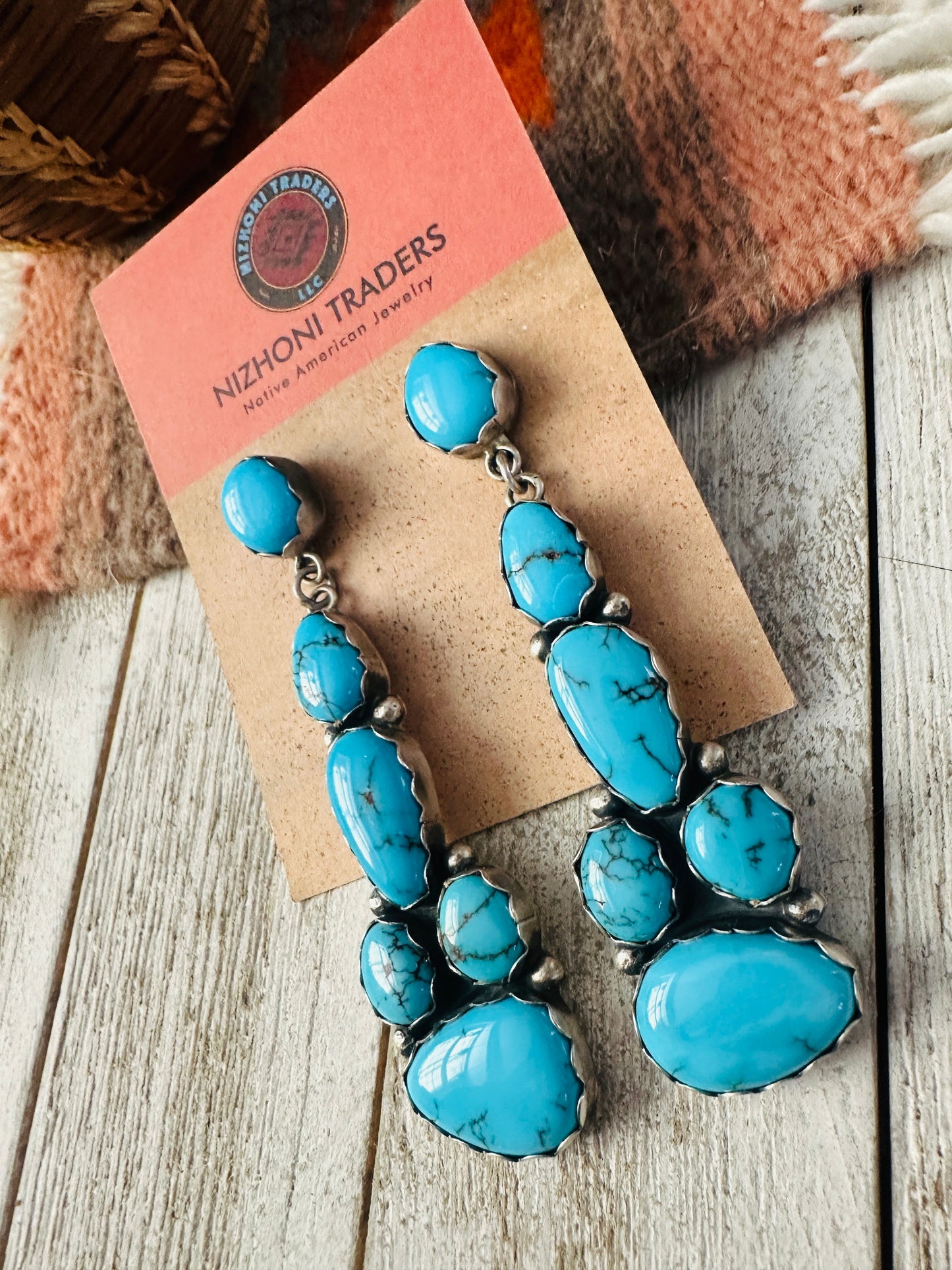 Handcrafted Sterling Silver & Turquoise Cluster Dangle Earrings
