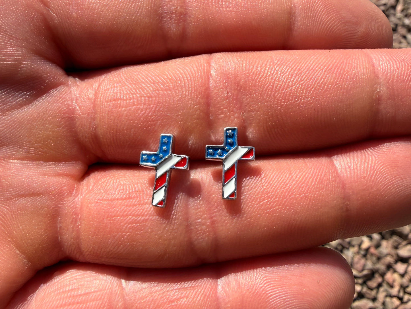 Fourth Of July American Flag Cross Sterling Silver Stud Earrings