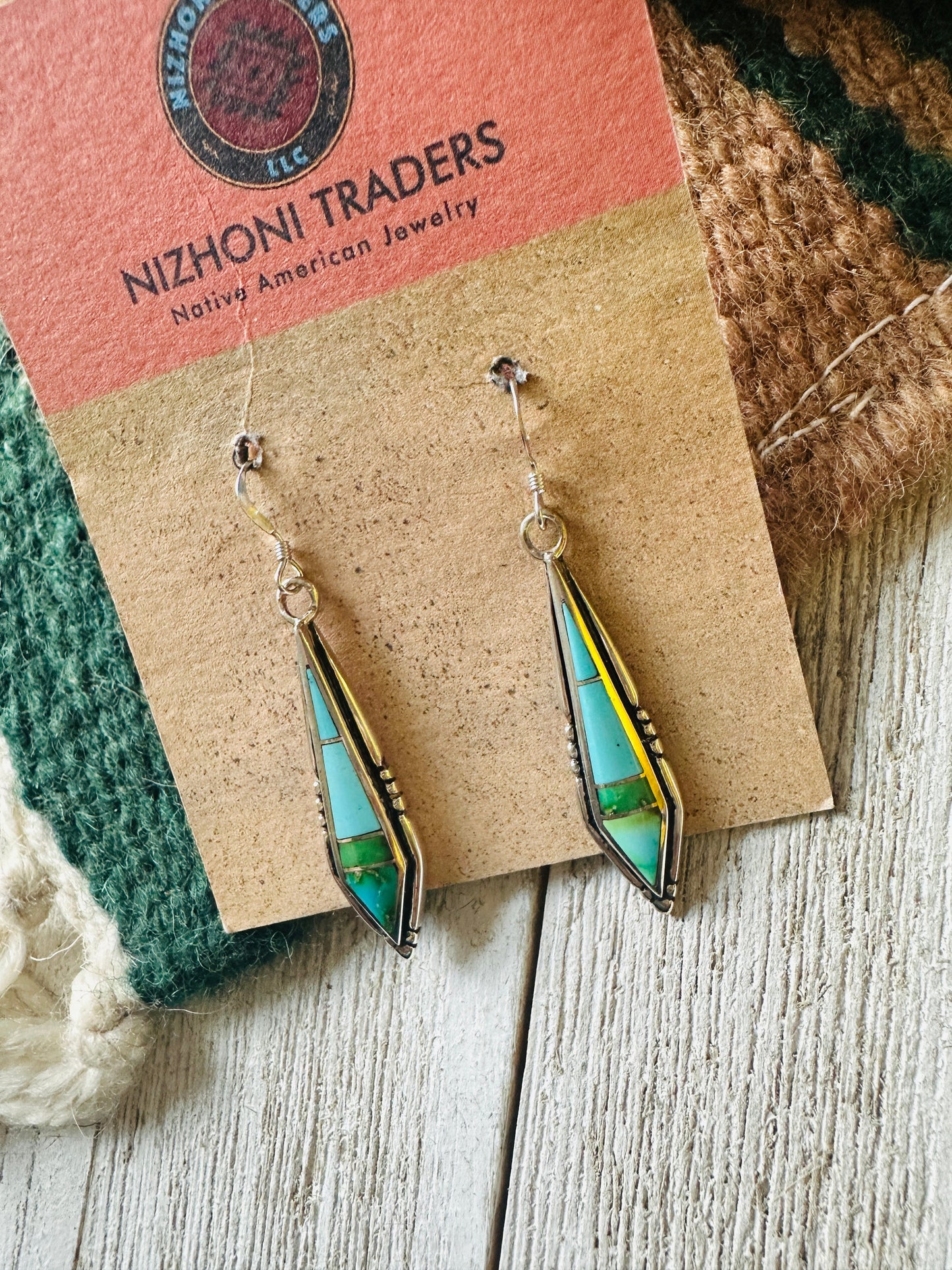 Handcrafted Sonoran Mountain Turquoise And Sterling Silver Inlay Dangle Earrings