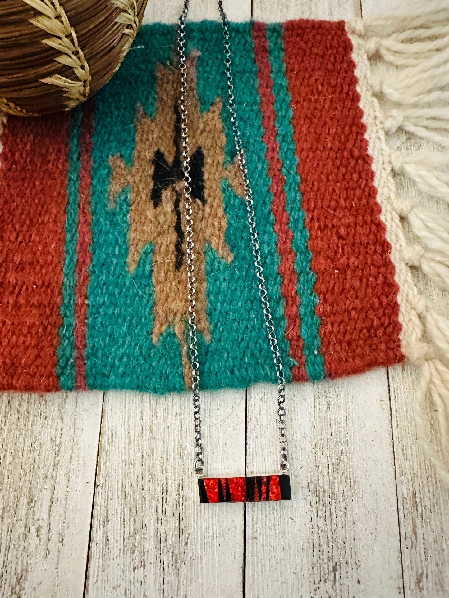 Handcrafted Opal, Onyx & Sterling Silver Inlay Bar Necklace