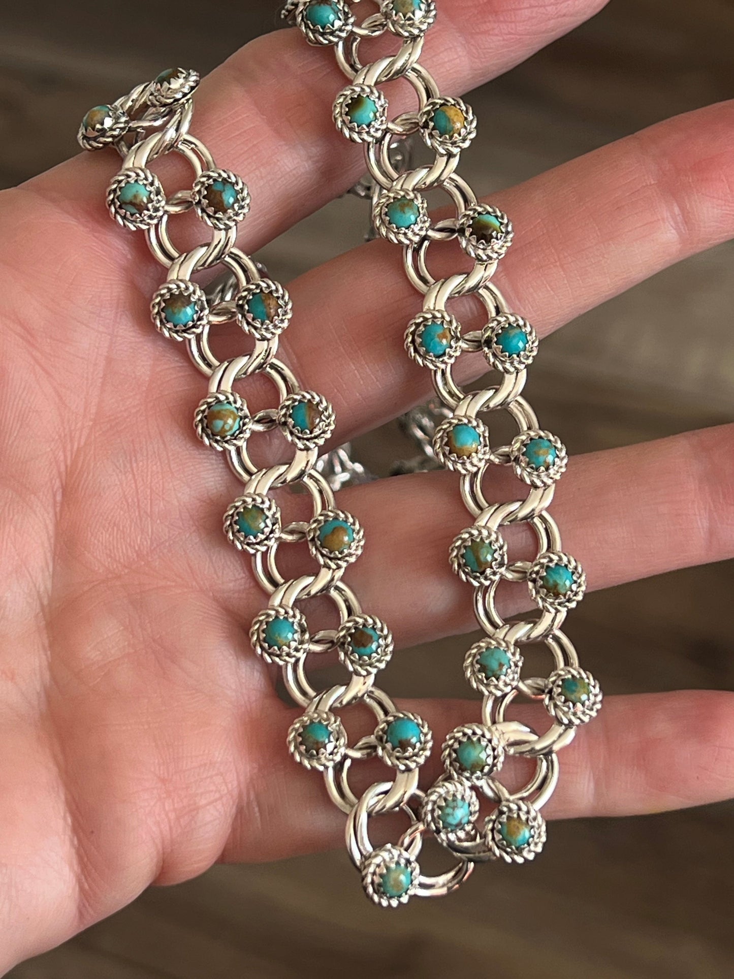 Handcrafted Sterling and Snake Eye Turquoise Link Necklace, Bracelet & Earrings by Dillon Cheama
