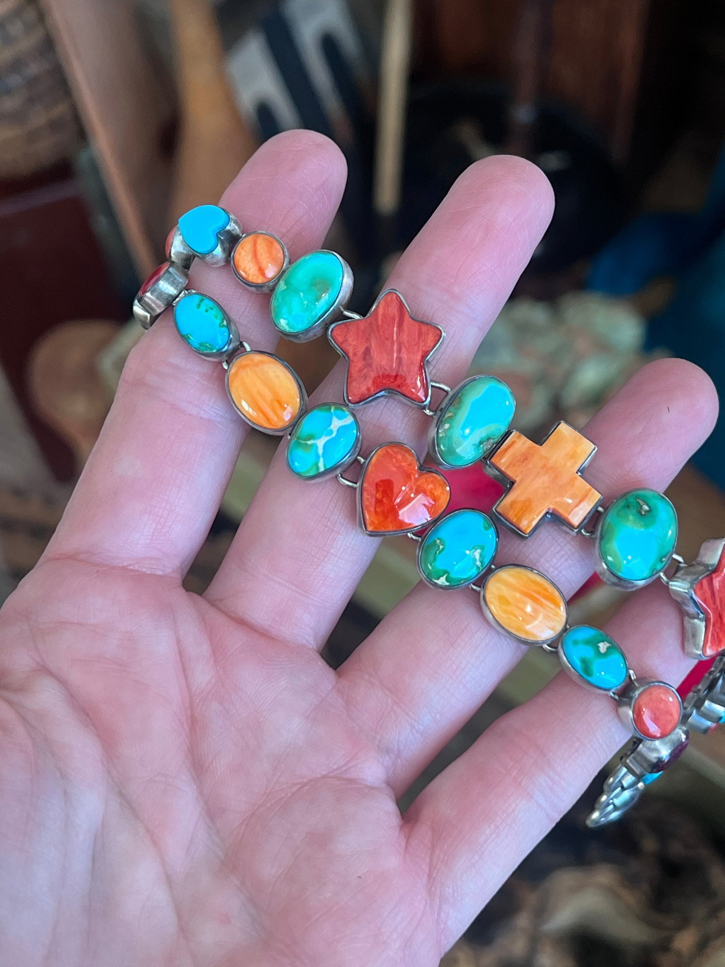 Loretta Delgarito Sterling Silver Electric Rainbow Link Turquoise and Spiny Oyster Heart Bracelet