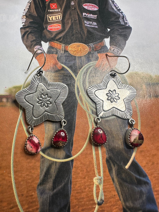 Handmade Sterling Silver Dahlia Rose Triangle STAR Dangle Earrings