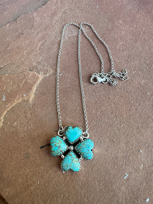 Beautiful Handmade Sterling Silver & Number 8 Turquoise 4 Stone Heart Necklace