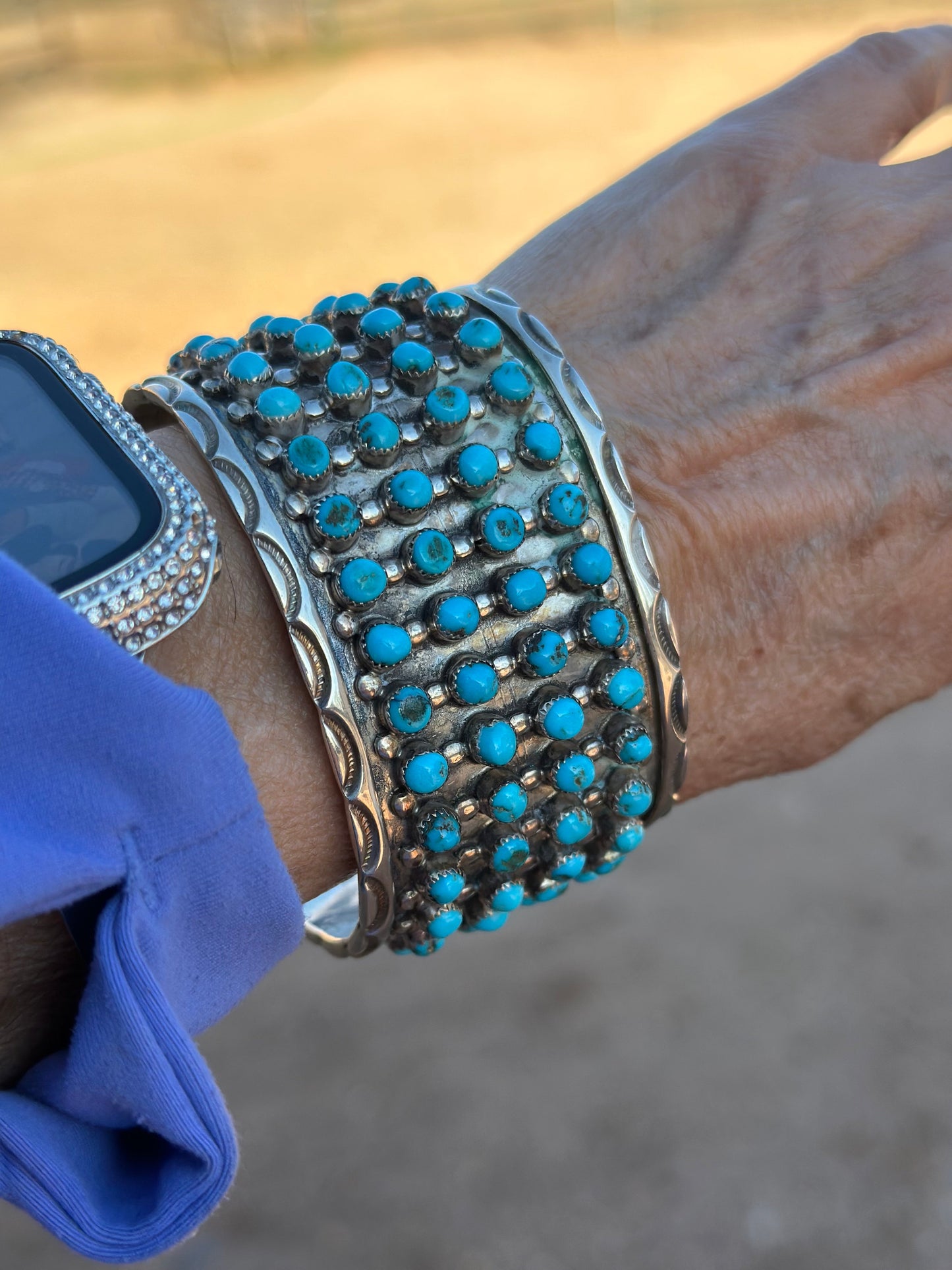 Estate Collection Old Pawn Handcrafted Sterling Silver & Turquoise Snake Eye Cuff Bracelet /