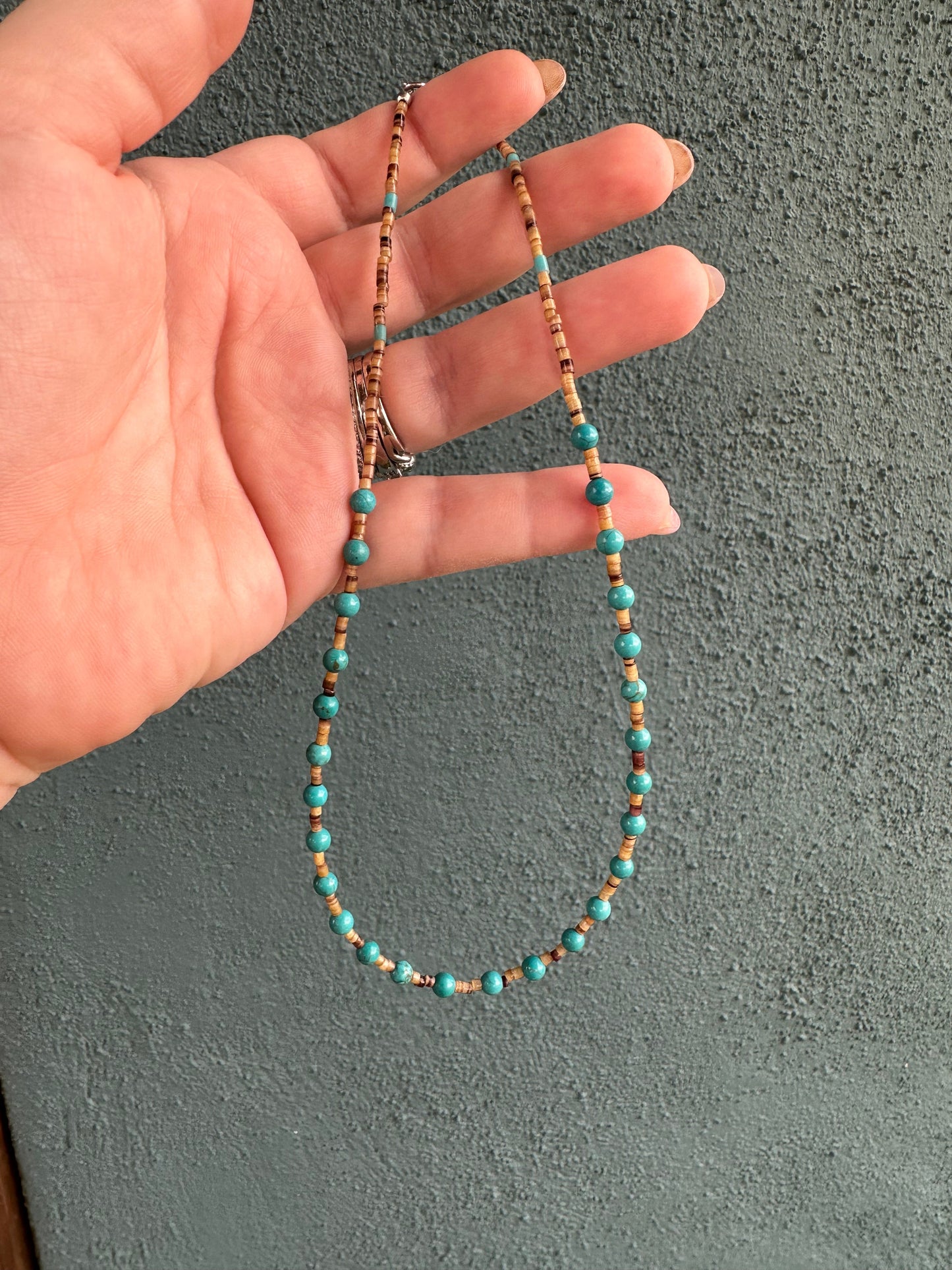 Handcrafted Turquoise And Heishi  Beaded Necklace 16”