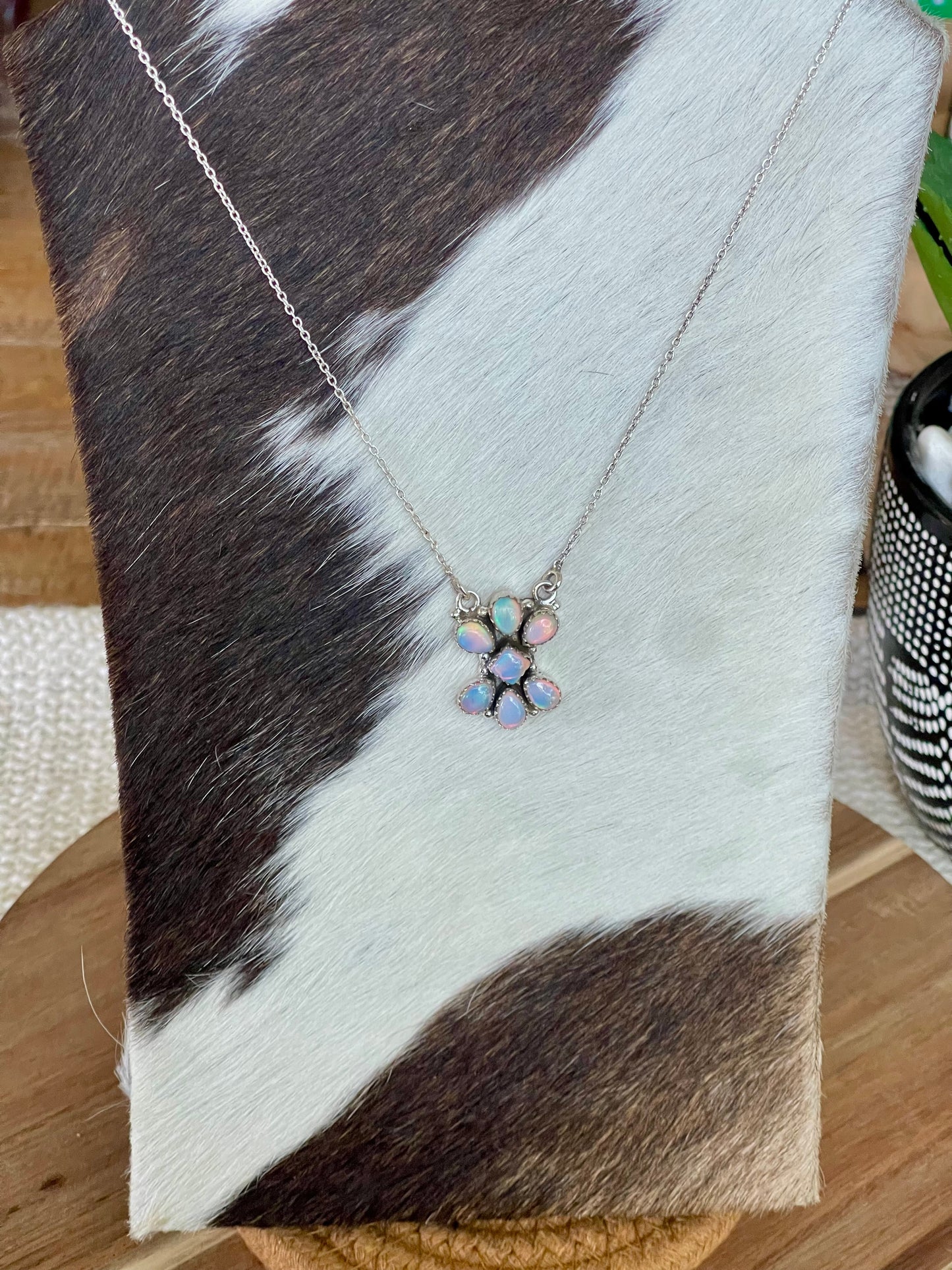 Handcrafted Sterling Silver & Light Blue Fire Opal Cluster Necklace
