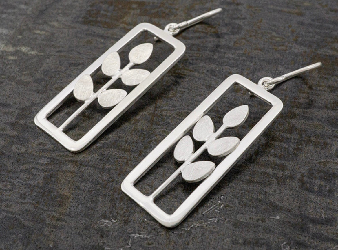 Leaves on Window Pane Sterling Silver Earrings on Hook